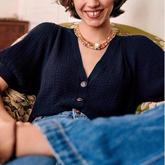 NEW Sezane Lola Jumper - Navy Blue French Cardigan Sweater Causal - Picture 2 of 9